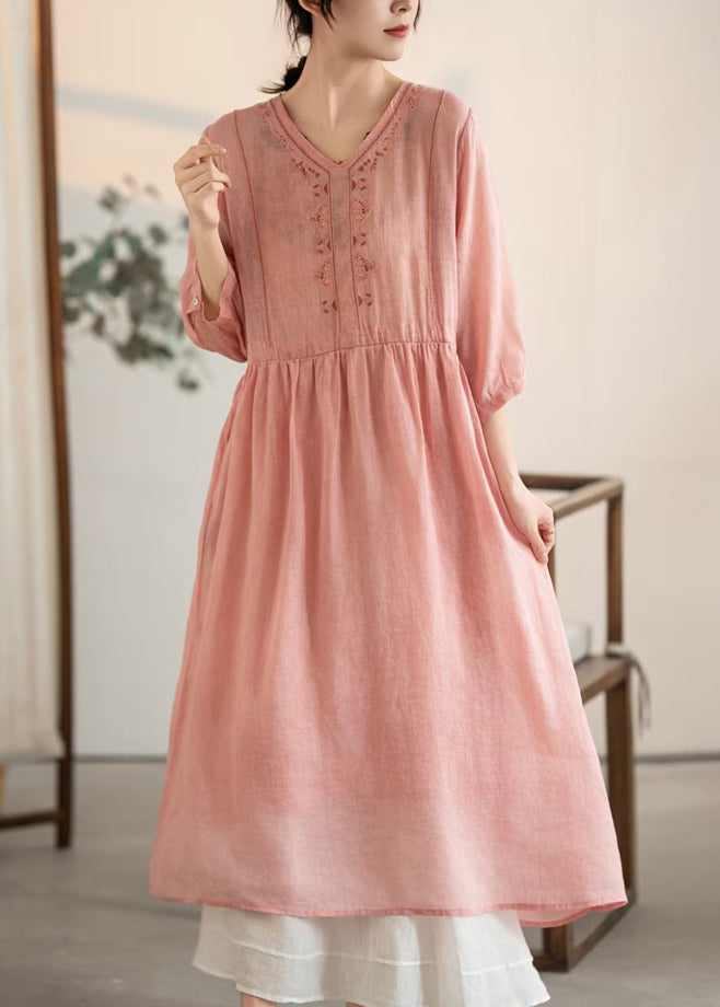V Patchwork Vintage Pink Summer Dresses Linen Neck FashionChic