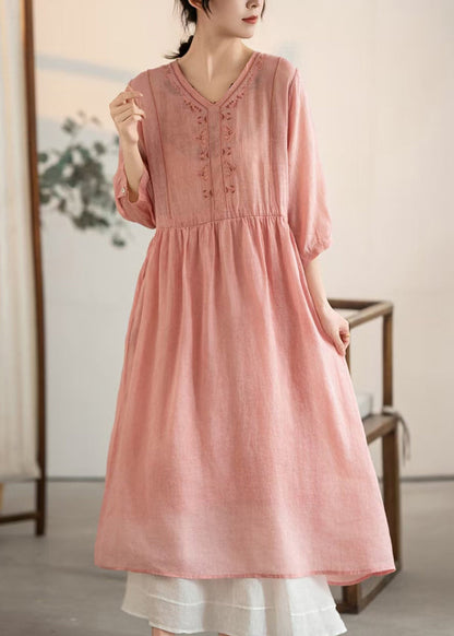 V Patchwork Vintage Pink Summer Dresses Linen Neck FashionChic
