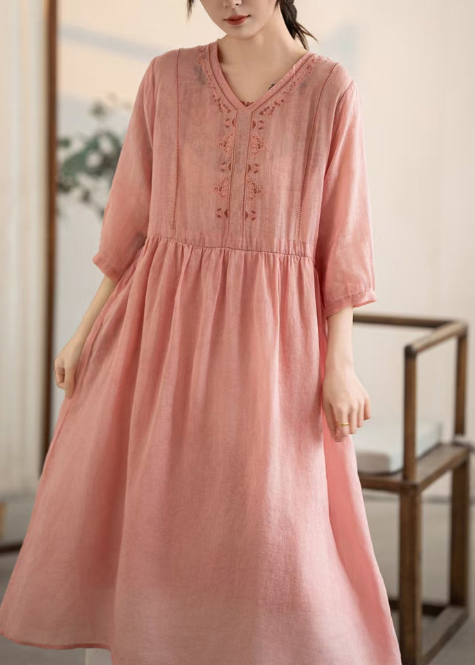 V Patchwork Vintage Pink Summer Dresses Linen Neck FashionChic
