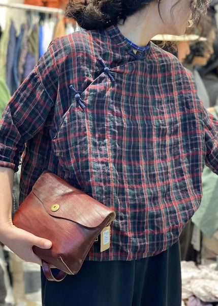 Vintage Plaid Button Cotton Blouses Stand Collar Bracelet Sleeve MZF-HTP250315