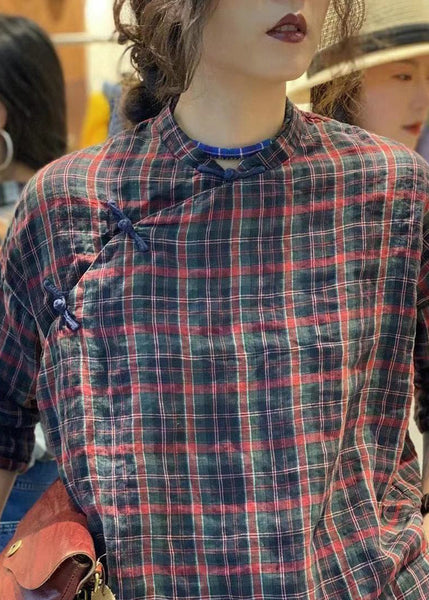 Vintage Plaid Button Cotton Blouses Stand Collar Bracelet Sleeve MZF-HTP250315