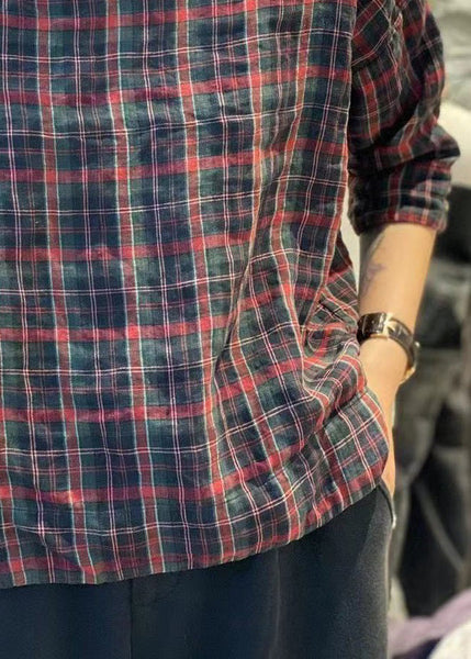 Vintage Plaid Button Cotton Blouses Stand Collar Bracelet Sleeve MZF-HTP250315