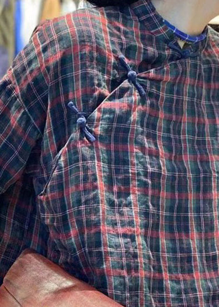 Vintage Plaid Button Cotton Blouses Stand Collar Bracelet Sleeve MZF-HTP250315