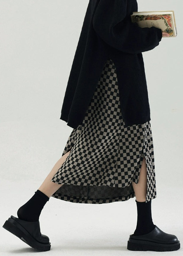 Vintage Plaid Side Open High Waist Cotton Skirt Fall TU021