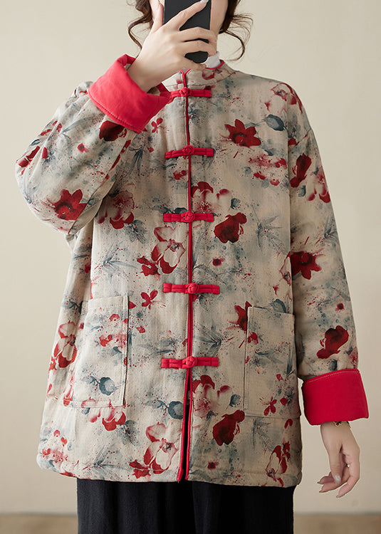 Vintage Print Button Pockets Thick Parka Stand Collar Winter QG020 OM-DJK241016