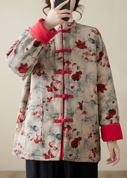 Vintage Print Button Pockets Thick Parka Stand Collar Winter QG020 OM-DJK241016