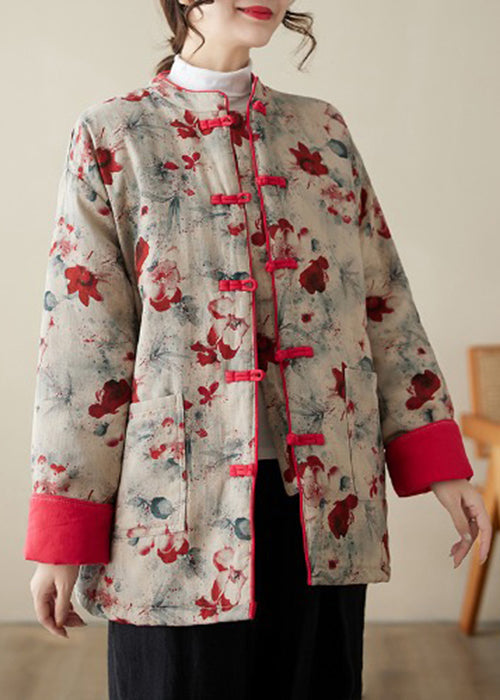 Vintage Print Button Pockets Thick Parka Stand Collar Winter QG020 OM-DJK241016