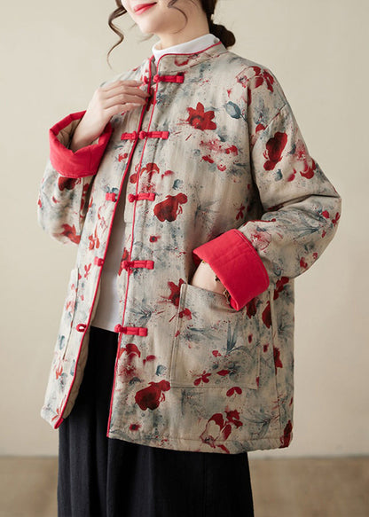 Vintage Print Button Pockets Thick Parka Stand Collar Winter QG020 OM-DJK241016