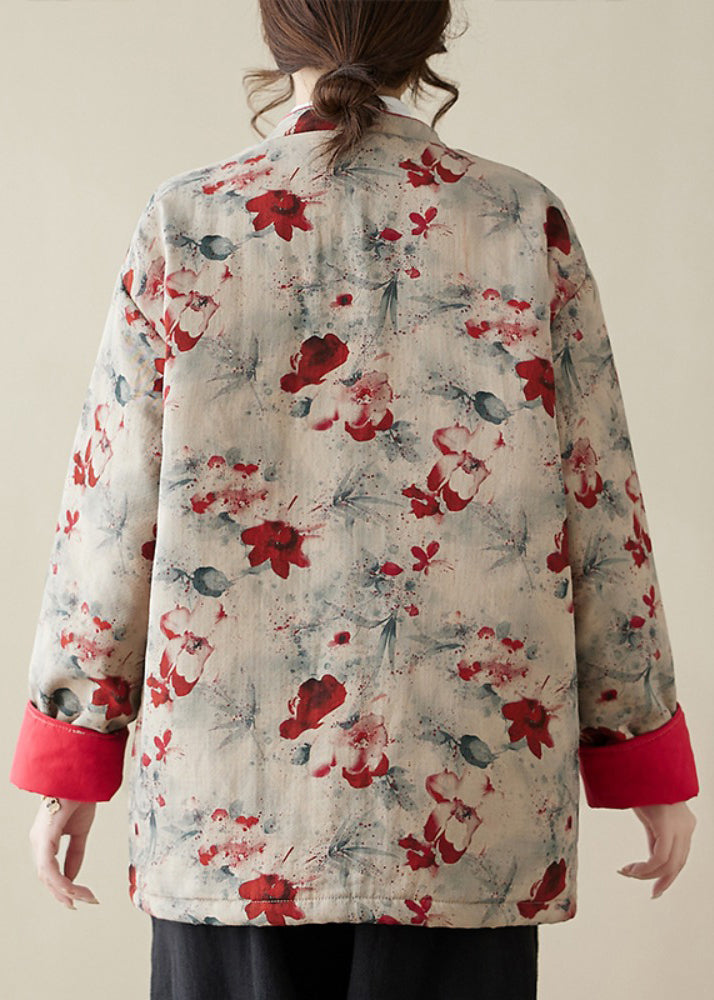 Vintage Print Button Pockets Thick Parka Stand Collar Winter QG020 OM-DJK241016