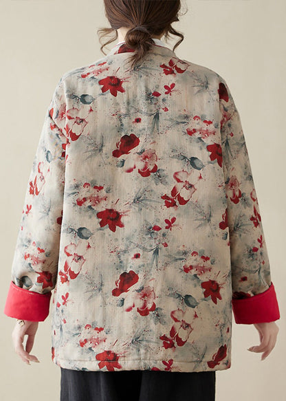 Vintage Print Button Pockets Thick Parka Stand Collar Winter QG020 OM-DJK241016