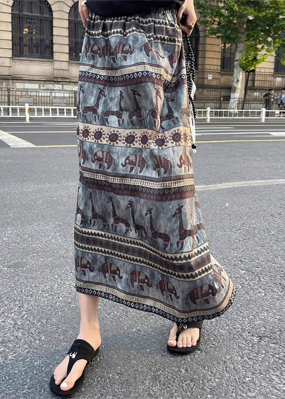 Summer Vintage Print Waist Elastic Cotton Skirt Side Open FashionChic