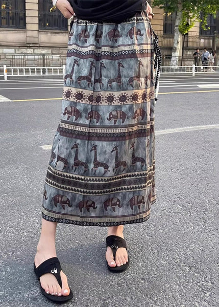 Summer Vintage Print Waist Elastic Cotton Skirt Side Open FashionChic