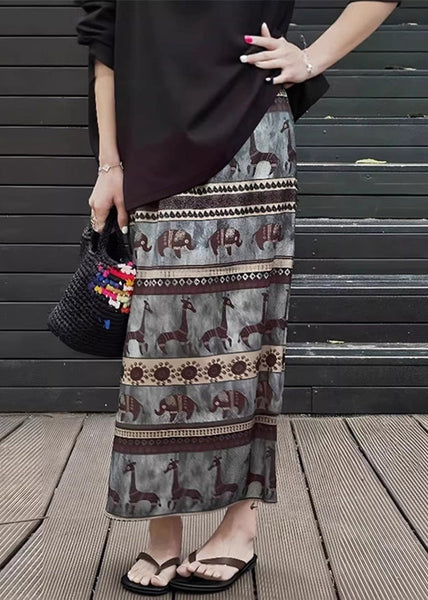 Summer Vintage Print Waist Elastic Cotton Skirt Side Open FashionChic