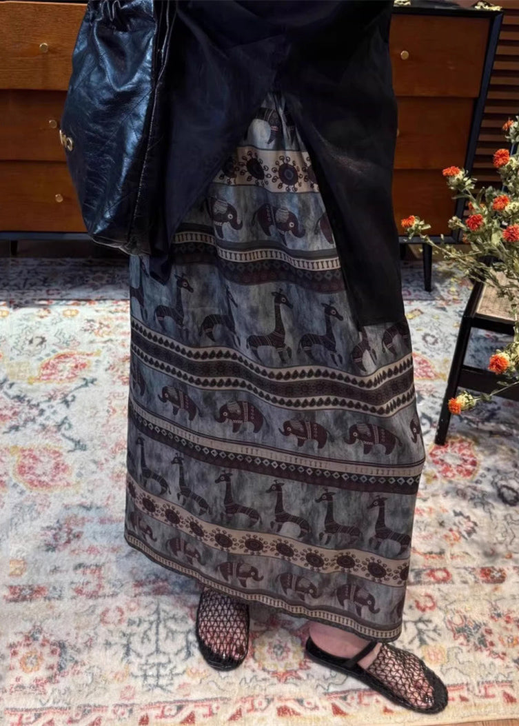 Summer Vintage Print Waist Elastic Cotton Skirt Side Open FashionChic