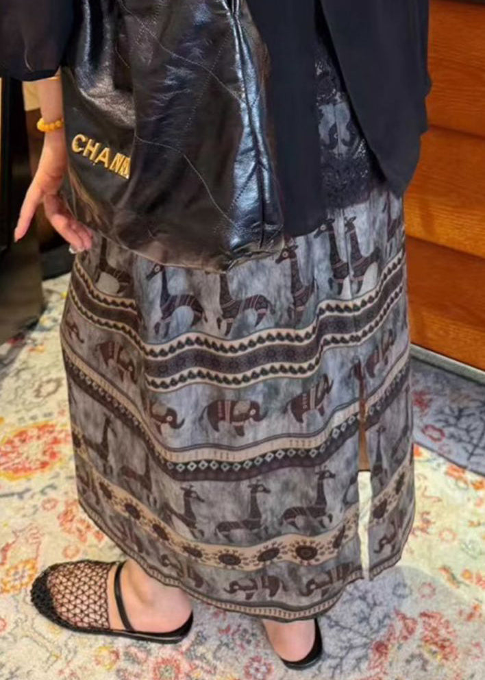 Summer Vintage Print Waist Elastic Cotton Skirt Side Open FashionChic