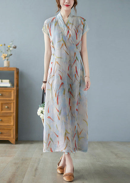 Vintage Print Linen Summer Waist Dress Tie Long FashionChic