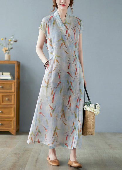Vintage Print Linen Summer Waist Dress Tie Long FashionChic