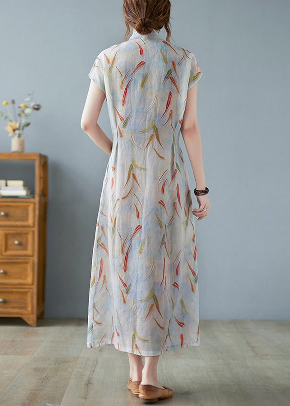 Vintage Print Linen Summer Waist Dress Tie Long FashionChic