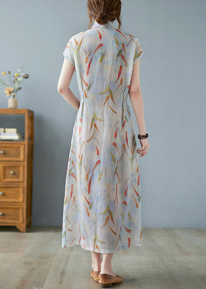 Vintage Print Linen Summer Waist Dress Tie Long FashionChic