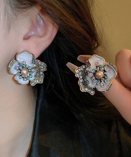 Glaze Pearl Earrings Alloy Drip Vintage Zircon Purple Stud FashionChic