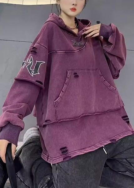 Vintage Purple Hooded Hole Pockets Cotton Sweatshirts Fall WM024 ABC