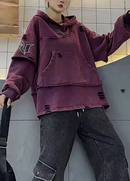 Vintage Purple Hooded Hole Pockets Cotton Sweatshirts Fall WM024 ABC
