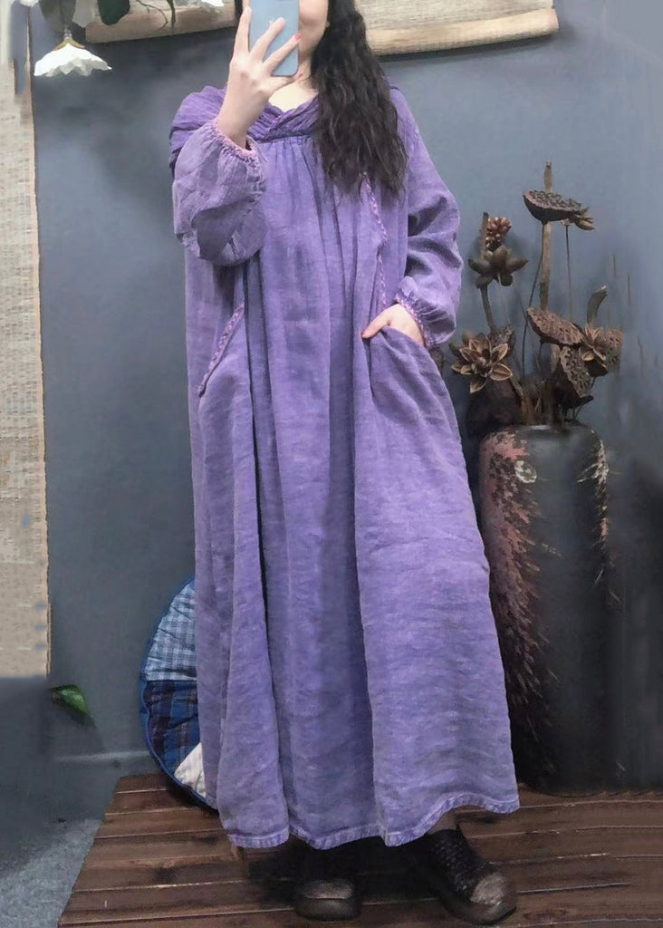 Vintage Purple Hooded Pockets Solid Linen Long Dress Spring AA1045 Ada Fashion