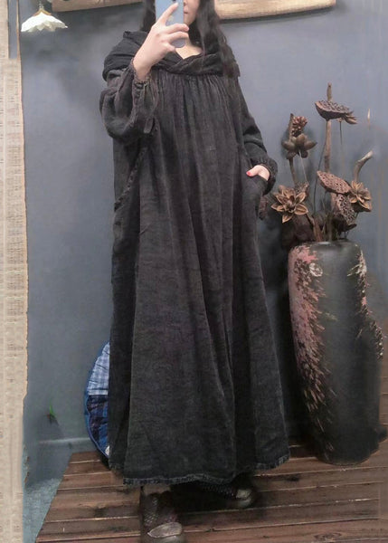 Vintage Purple Hooded Pockets Solid Linen Long Dress Spring AA1045 Ada Fashion