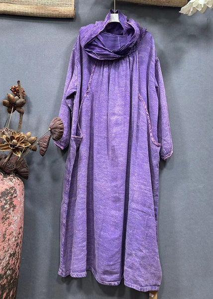Vintage Purple Hooded Pockets Solid Linen Long Dress Spring AA1045 Ada Fashion