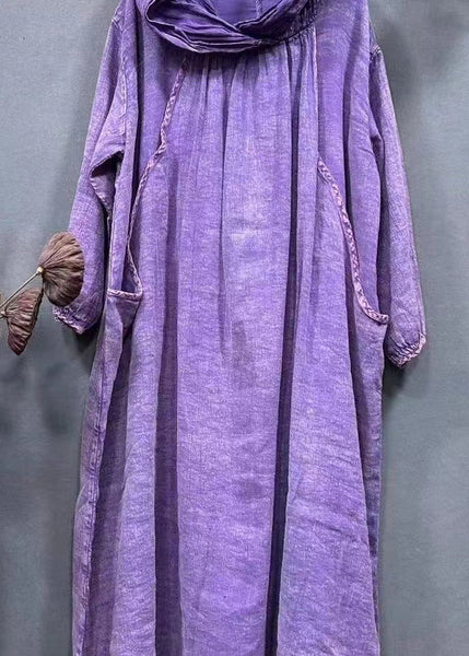 Vintage Purple Hooded Pockets Solid Linen Long Dress Spring AA1045 Ada Fashion