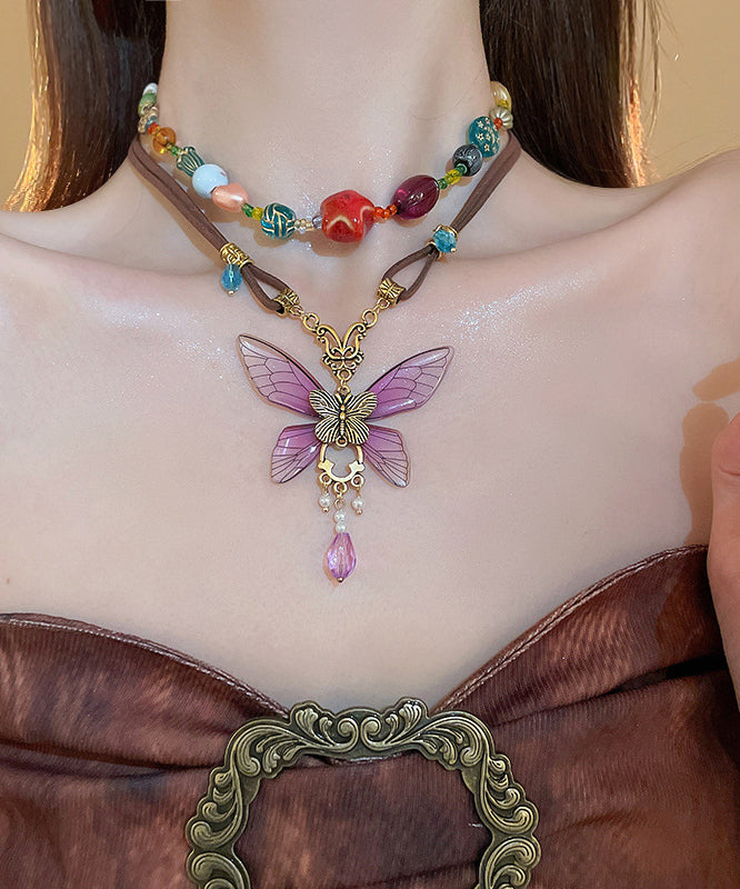 Vintage Purple Sterling Silver Alloy Crystal Butterfly Pendant Necklace RA014 ABC