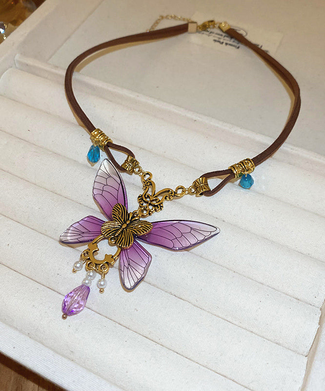 Vintage Purple Sterling Silver Alloy Crystal Butterfly Pendant Necklace RA014 ABC