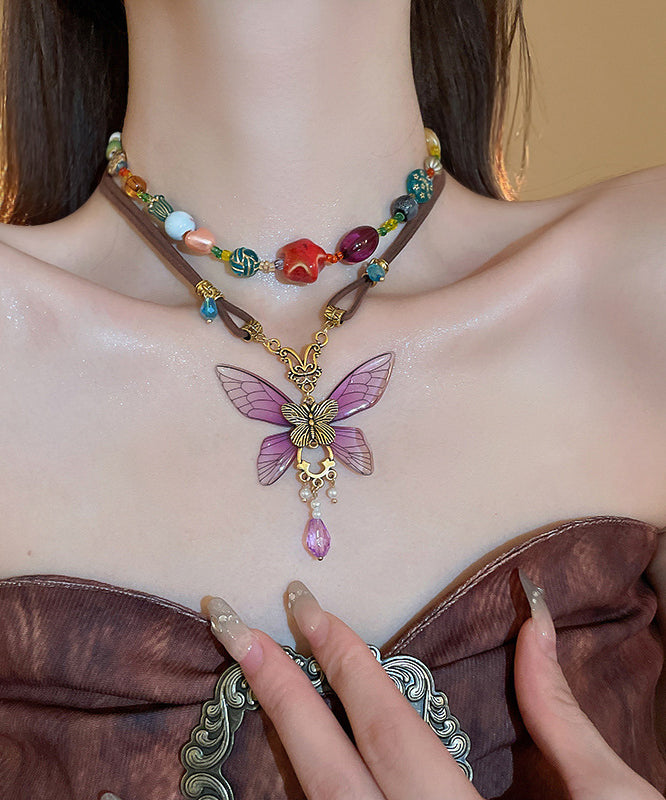 Vintage Purple Sterling Silver Alloy Crystal Butterfly Pendant Necklace RA014 ABC