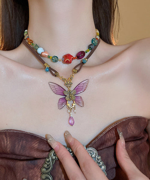 Vintage Purple Sterling Silver Alloy Crystal Butterfly Pendant Necklace RA014 ABC