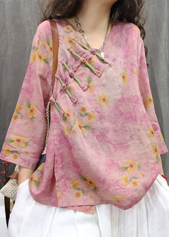 Purple V Button Vintage Chinese Spring Linen Neck Shirt FashionChic