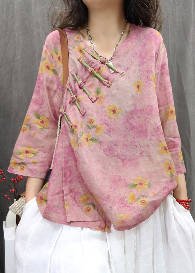 Purple Shirt Button Neck Vintage Linen Chinese Spring V FashionChic