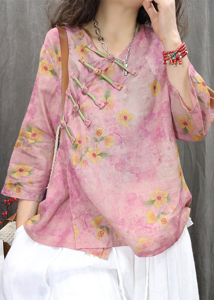 Purple V Button Vintage Chinese Spring Linen Neck Shirt FashionChic