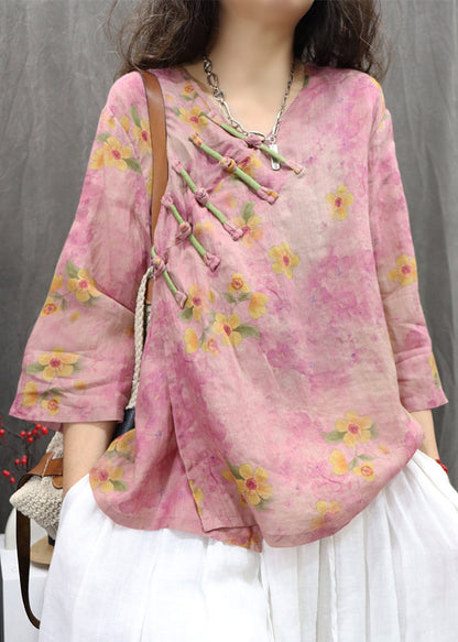 Purple V Button Vintage Chinese Spring Linen Neck Shirt FashionChic