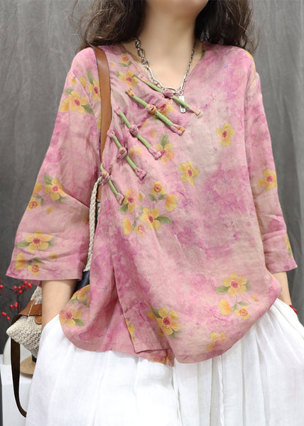 Purple Shirt Button Neck Vintage Linen Chinese Spring V FashionChic