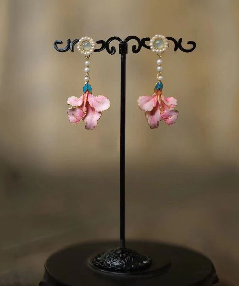 Enameling Tassel Pearl Peony Drop Rainbow Vintage Earrings Alloy FashionChic