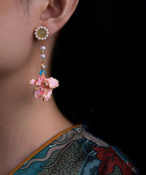Enameling Tassel Pearl Peony Drop Rainbow Vintage Earrings Alloy FashionChic