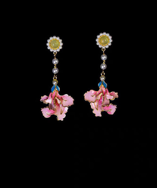 Enameling Tassel Pearl Peony Drop Rainbow Vintage Earrings Alloy FashionChic