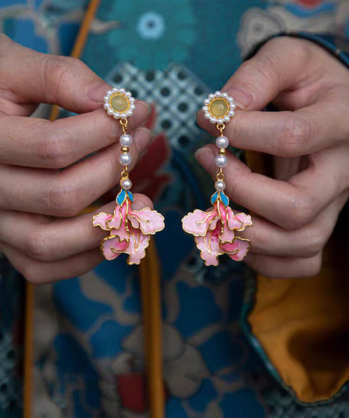 Enameling Tassel Pearl Peony Drop Rainbow Vintage Earrings Alloy FashionChic