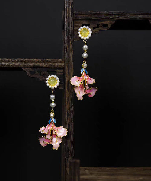 Enameling Tassel Pearl Peony Drop Rainbow Vintage Earrings Alloy FashionChic