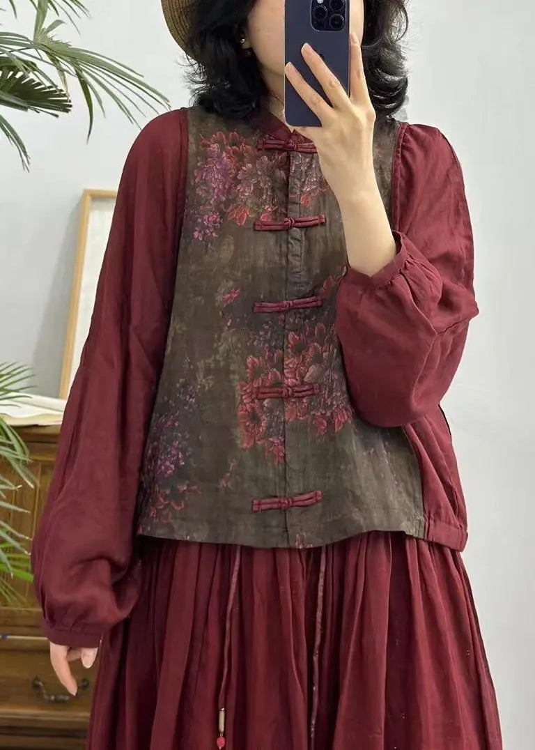 Vintage Red Button Print Patchwork Linen Shirts Long Sleeve Ada Fashion