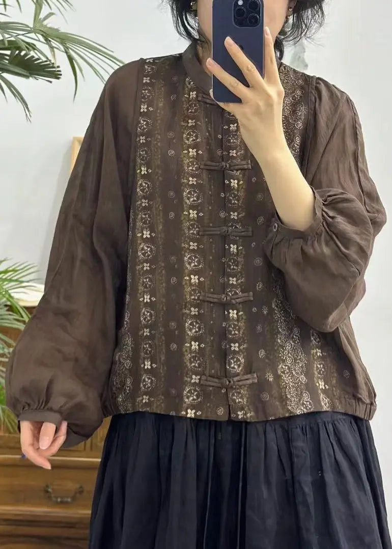 Vintage Red Button Print Patchwork Linen Shirts Long Sleeve Ada Fashion