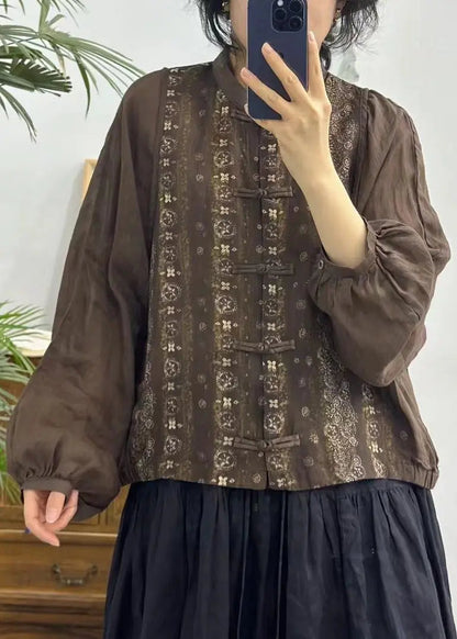 Vintage Red Button Print Patchwork Linen Shirts Long Sleeve Ada Fashion