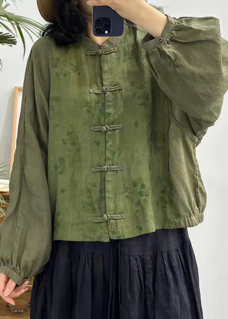 Vintage Red Button Print Patchwork Linen Shirts Long Sleeve Ada Fashion