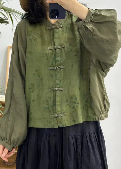 Vintage Red Button Print Patchwork Linen Shirts Long Sleeve Ada Fashion