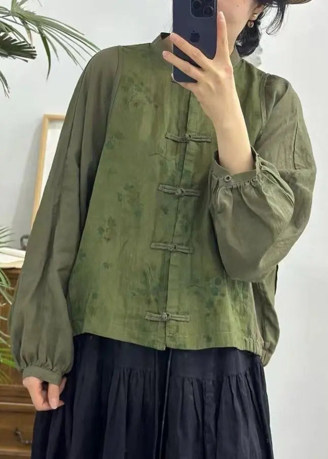 Vintage Red Button Print Patchwork Linen Shirts Long Sleeve Ada Fashion